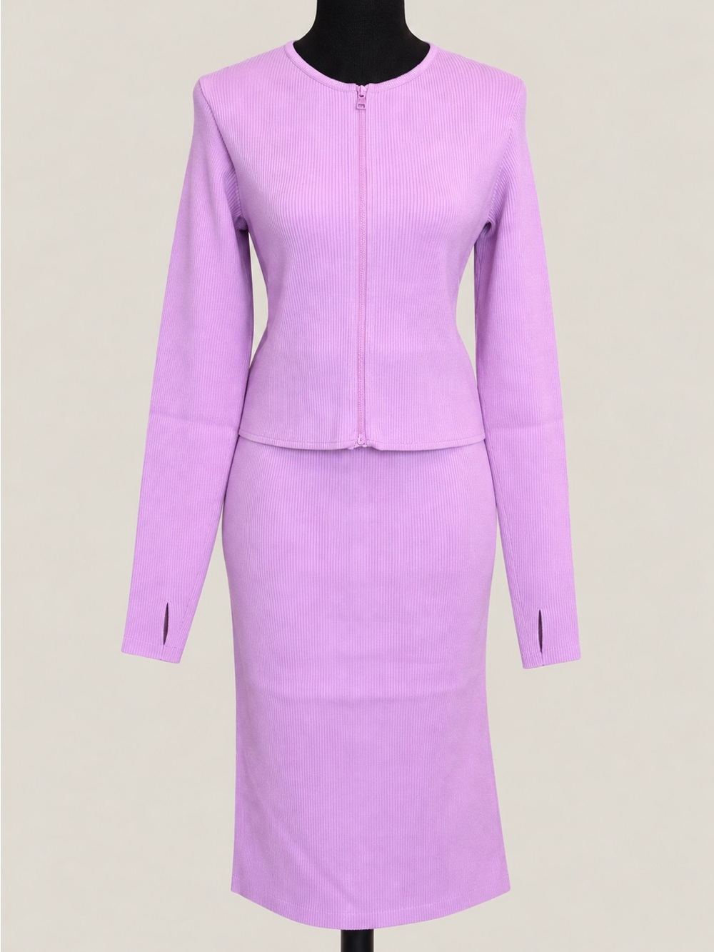 GSTQ Lilac Ribbed Knit Skirt Set Quiet Luxury NWT M/L